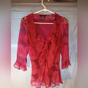 ECI New York 100% Silk Ruffled V-Neck Sheer Embellished Fairy Blouse